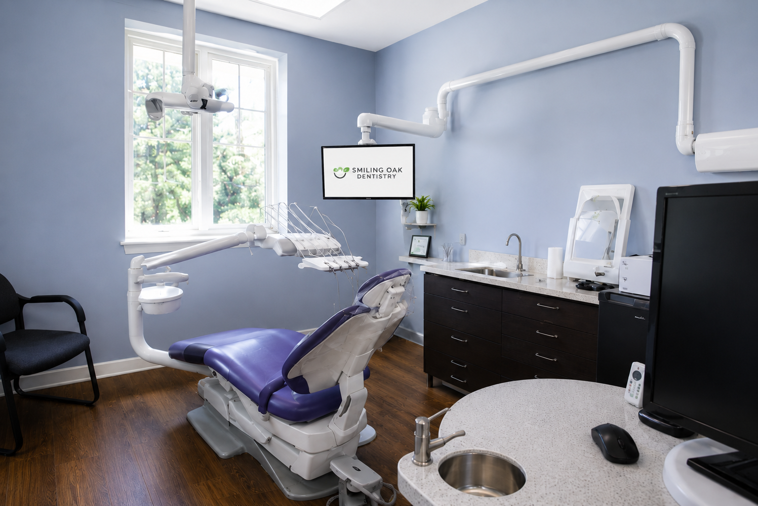 Treatment room and waiting area at Smiling Oak Dentistry